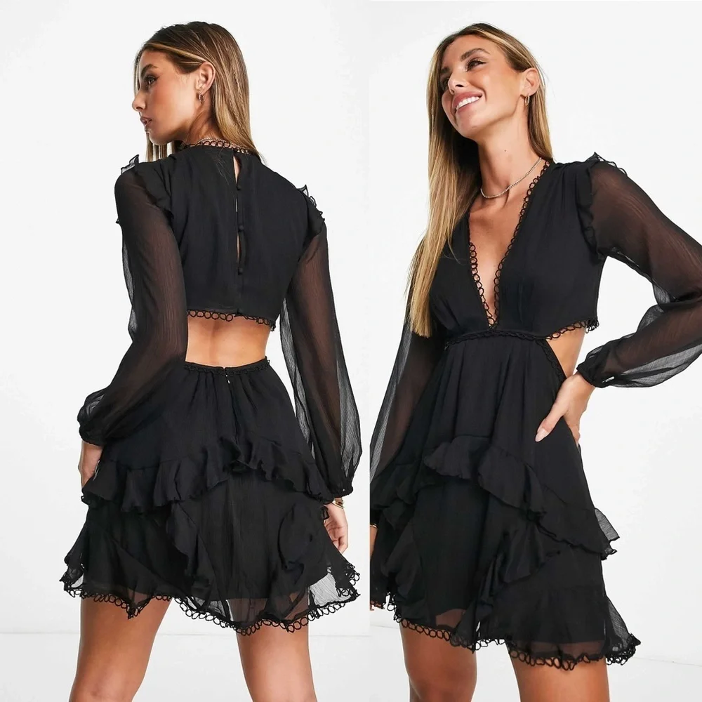 ASOS DESIGN mini dress with long sleeve and circle trim Sz 0 - Picture 2 of 12